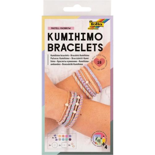 folia 32039 - Kumihimo Bracelets PASTELL RAINBOW, Bastelset für Armbänder, 16-teilig mit Garn, Knüpfscheiben und Perlen, inkl. Anleitung