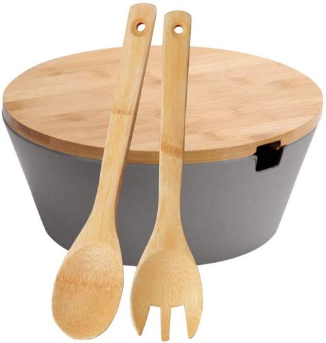 Kesper Obst- & Salatschale mit Besteck & Deckel aus Bambus Ø 26 cm aus Melamin