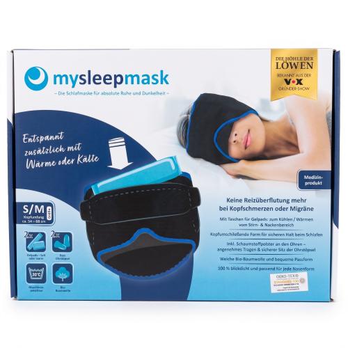mysleepmask Schlafmaske inklusive 2 Ohrstöpseln und 2 Gelpads, Kopfumfang circa 54-58 cm, S/M