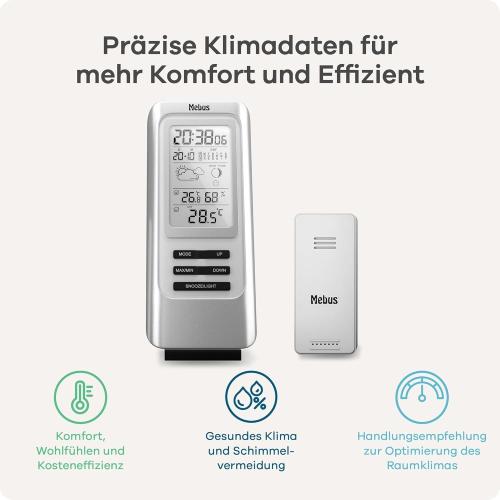 Mebus Funk-Wetterstation mit Außensensor, Thermometer/Hygrometer, Wohlfühlindikator Raumklima, Wettervorhersage mit Symbolen, Farbe: SILBER