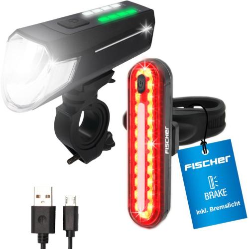 Fischer Fahrrad Beleuchtungs-Set 80/40/20 Lux, Akku-Leuchtenset Stop, Front- und Rückleuchte, mit Akku und USB-Ladefunktion
