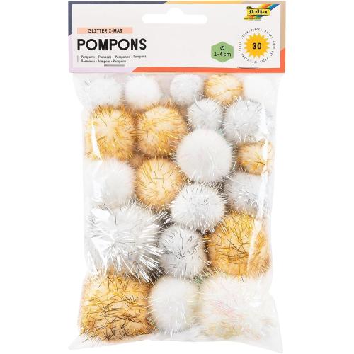 folia 50313 - Pompons "Glitter X-Mas", 30 flauschige Bällchen sortiert in verschiedenen Größen und Farben, ideal für farbenfrohe Bastelarbeiten