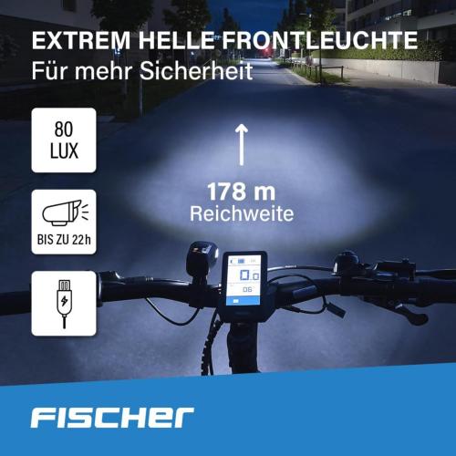 Preview: Fischer Fahrrad Beleuchtungs-Set 80/40/20 Lux, Akku-Leuchtenset Stop, Front- und Rückleuchte, mit Akku und USB-Ladefunktion