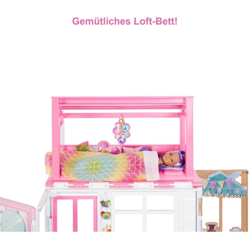 Mattel HHY40 Barbie-Puppenhaus mit 4 Spielbereichen, komplett eingerichtet mit Barbie-Accessoires & Möbeln, 360° drehbar, klappbar, ohne Barbie-Puppe