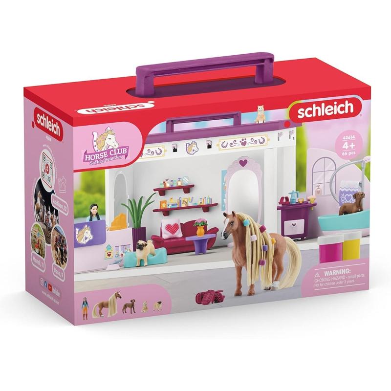 Schleich® 42614 Horse Club - Beautysalon - 66-Teiliges Spielset Inkl. Pferd mit Mähne, Tierpflegerin, Welpe und Tiersalon plus Zubehör