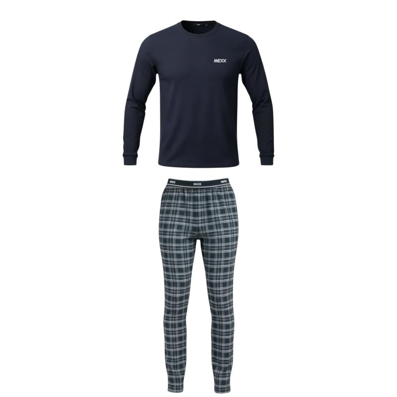 MEXX 194020 Herren Pyjama Schlafanzug Lang Rundhals Navy/Karriert DIVERSE Größen