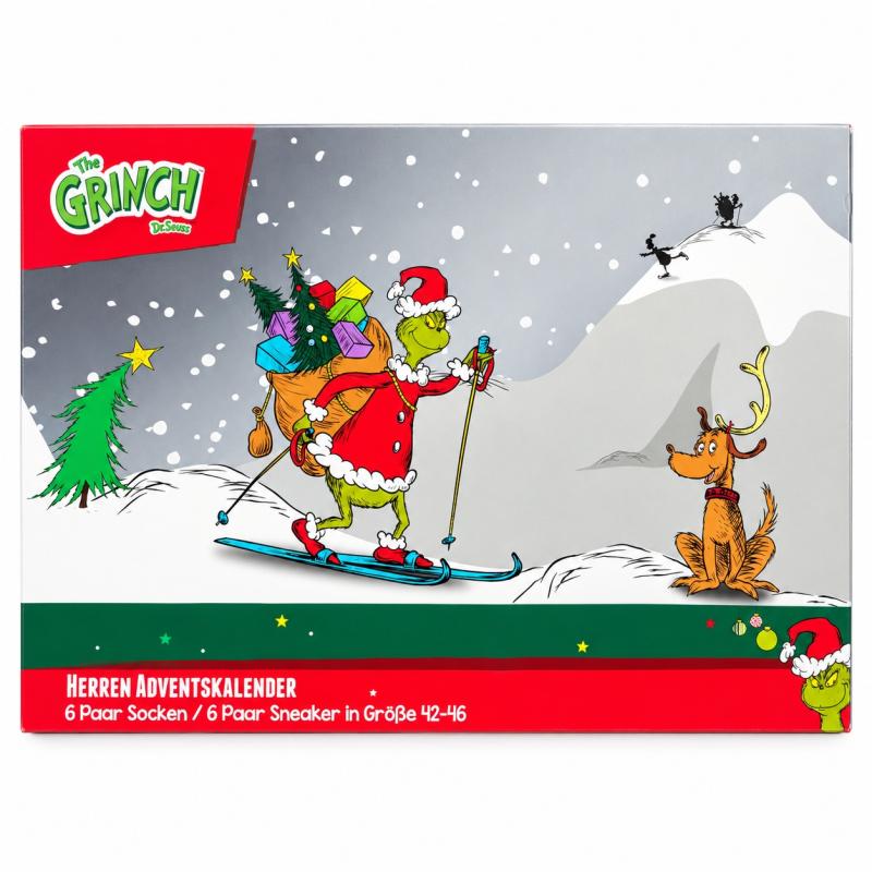 The GRINCH - HERREN Adventskalender 12 Paar Socken 42-46 ( 6 Paar Socken & 6 Paar Sneaker ) Style - GRAU - VERPACKUNGSSCHADEN