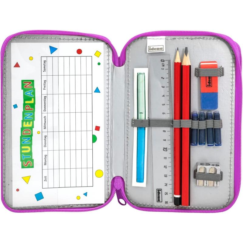 Idena 20126 - Federmappe Triple mit 3 Reißverschluss-Fächern, Design EINHORN, gefülltes Federmäppchen mit 47 Teilen, LILA