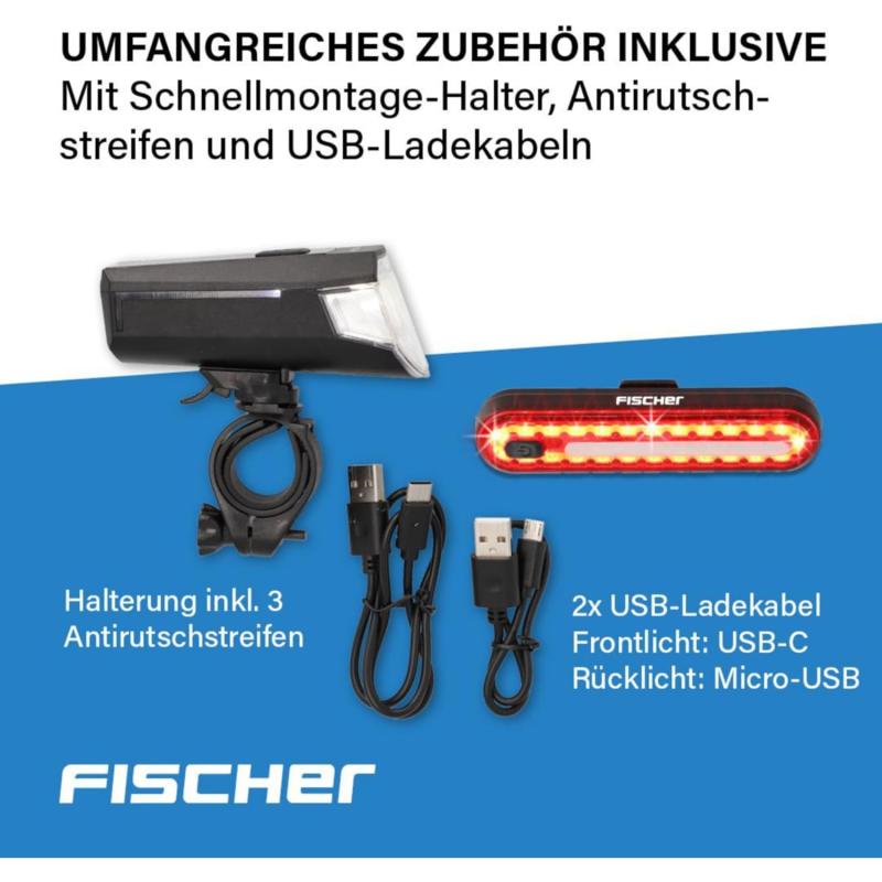 Fischer Fahrrad Beleuchtungs-Set 80/40/20 Lux, Akku-Leuchtenset Stop, Front- und Rückleuchte, mit Akku und USB-Ladefunktion