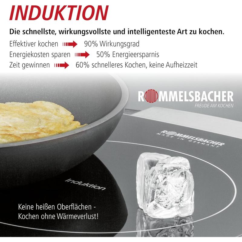 ROMMELSBACHER Doppelkochplatte CT 3405/IN Induktion - 2 Kochzonen, Glaskeramik, Touch Control, Topferkennung, 10 Leistungsstufen, 10 Temperaturstufen von 60-240 °C, Timer, Abschaltfunktion, 3400 Watt