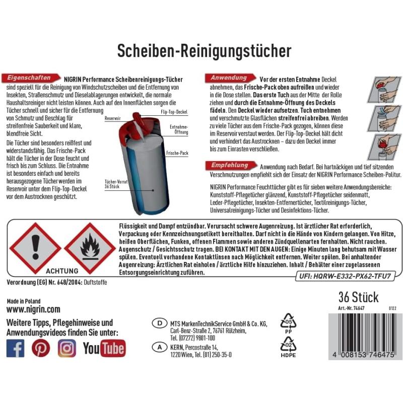 NIGRIN Autoscheiben Reinigungstücher, Spenderbox Inhalt 36 Stück