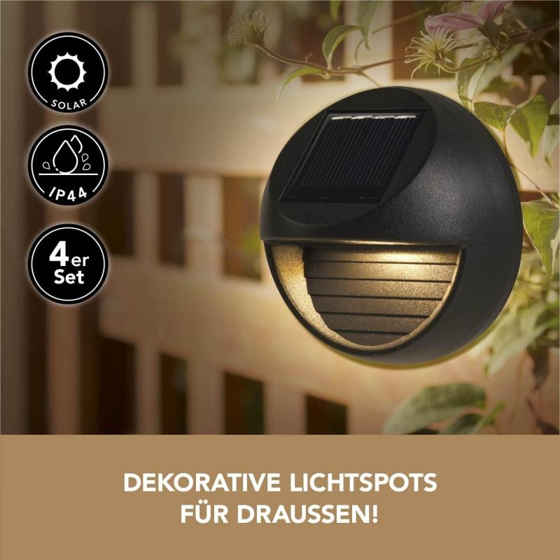MAXXMEE 4 Solar-Outdoor-Leuchten IP44 | 4 warme, weiße Leuchten für Zäune, Wände, Türen