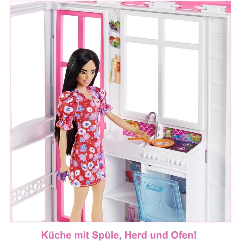 Mattel HHY40 Barbie-Puppenhaus mit 4 Spielbereichen, komplett eingerichtet mit Barbie-Accessoires & Möbeln, 360° drehbar, klappbar, ohne Barbie-Puppe