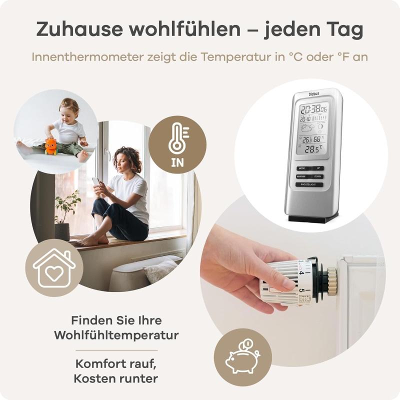 Mebus Funk-Wetterstation mit Außensensor, Thermometer/Hygrometer, Wohlfühlindikator Raumklima, Wettervorhersage mit Symbolen, Farbe: SILBER