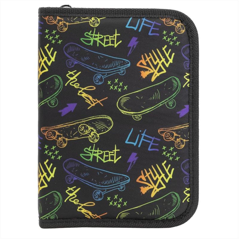 idena 2.2911 Schüler-Etui,28tlg.Federmappe mit Reißverschluss, Design SCHWARZ - SKATEBOARD