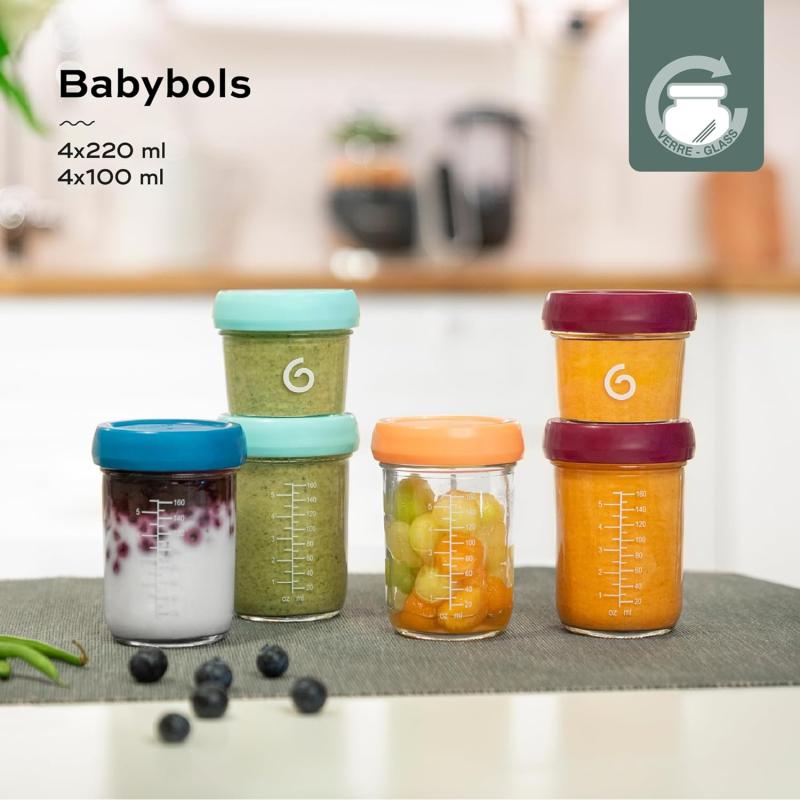 Babymoov Babybols aus Glas Behälter für Babynahrung - zum Aufbewahren und Einfrieren von Babybrei, 4x 220ml + 4x 100ml + Rezeptbuch