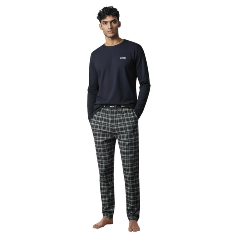 MEXX 194020 Herren Pyjama Schlafanzug Lang Rundhals Navy/Karriert DIVERSE Größen