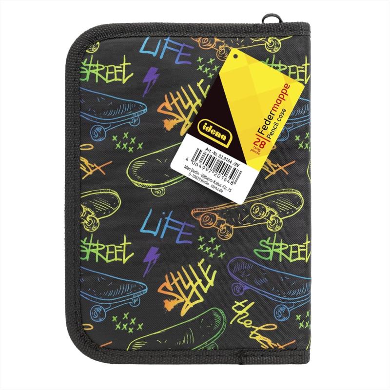 idena 2.2911 Schüler-Etui,28tlg.Federmappe mit Reißverschluss, Design SCHWARZ - SKATEBOARD