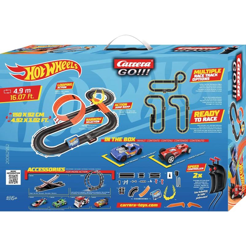 Carrera GO!!! Rennstrecken-Set I Hot Wheels I 4,9 m elektrische Rennbahn mit Streckenteilen und Handregler mit Turbo-Button im Maßstab 1:43