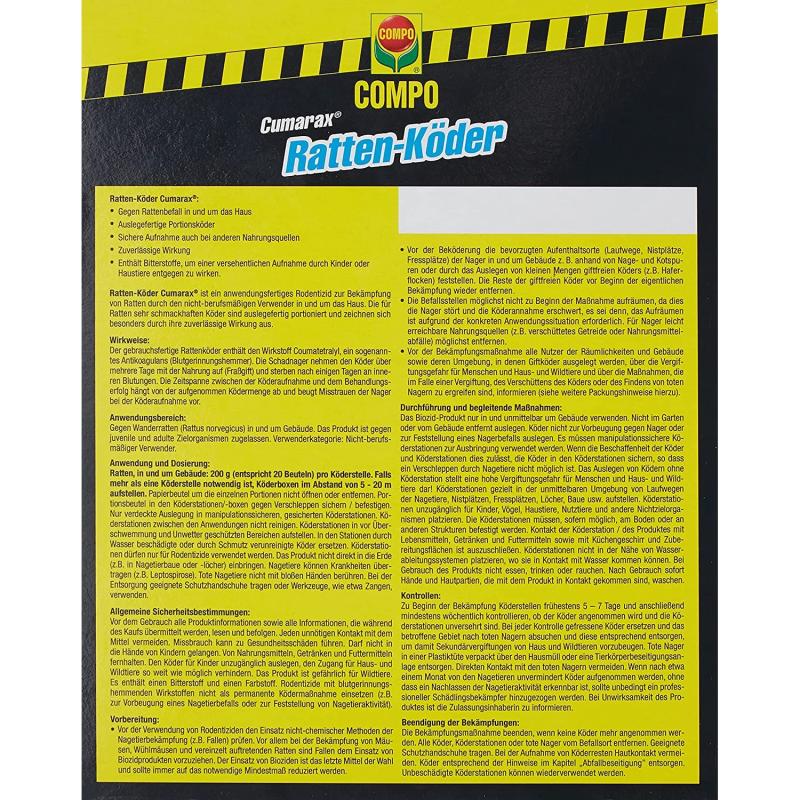 Compo Cumarax Ratten-Köder, Getreidepads, Fraßköder für Köderboxen, 20 Beutel (200 g)