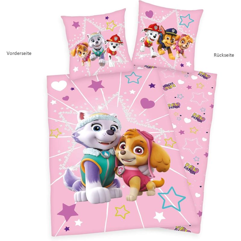 Herding Bettwäsche-Set, PAW PATROL Skye + Everest, Wendemotiv, Kopfkissenbezug 80 x 80 cm, Bettbezug 135 x 200 cm ROSA