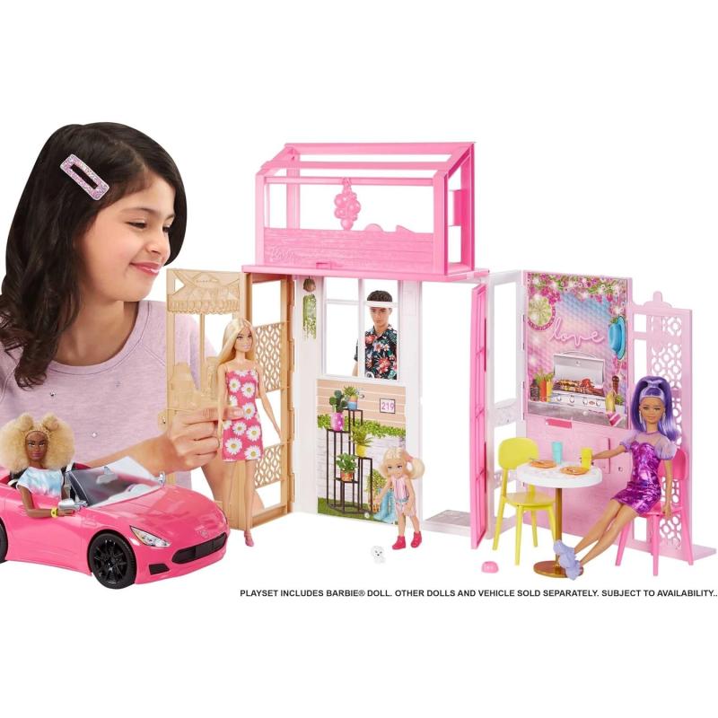 Mattel HHY40 Barbie-Puppenhaus mit 4 Spielbereichen, komplett eingerichtet mit Barbie-Accessoires & Möbeln, 360° drehbar, klappbar, ohne Barbie-Puppe