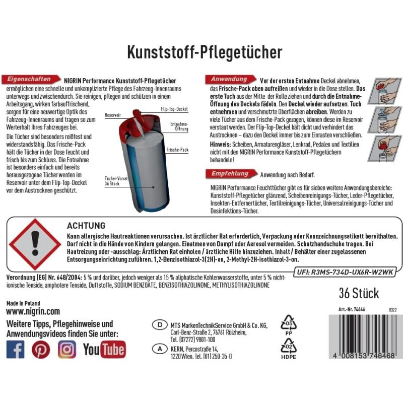 NIGRIN Kunststoff-Pflege-Tücher SEIDENMATT Inhalt 36 Stück