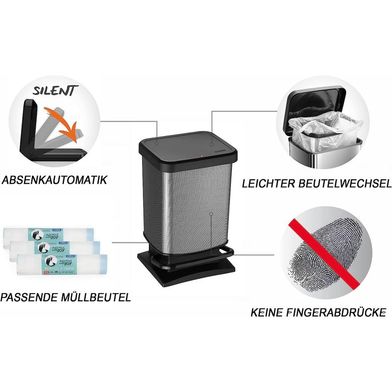 Rotho Paso Mülleimer 20l mit Deckel, Kunststoff (PP) BPA-frei, CARBON metallic, 20l (29,3 x 26,6 x 45,7 cm)