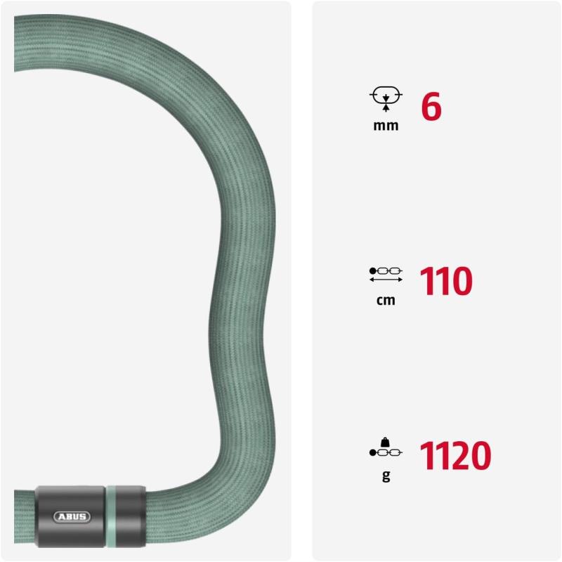 ABUS Kettenschloss Goose Lock – biegsames, klapperfreies Fahrradschloss aus gehärtetem Stahl – 6 mm stark – 110 cm lang – mit Schlüssel – Hellgrün
