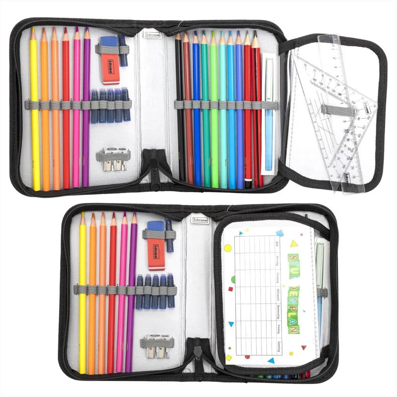 idena 2.2911 Schüler-Etui,28tlg.Federmappe mit Reißverschluss, Design SCHWARZ - SKATEBOARD