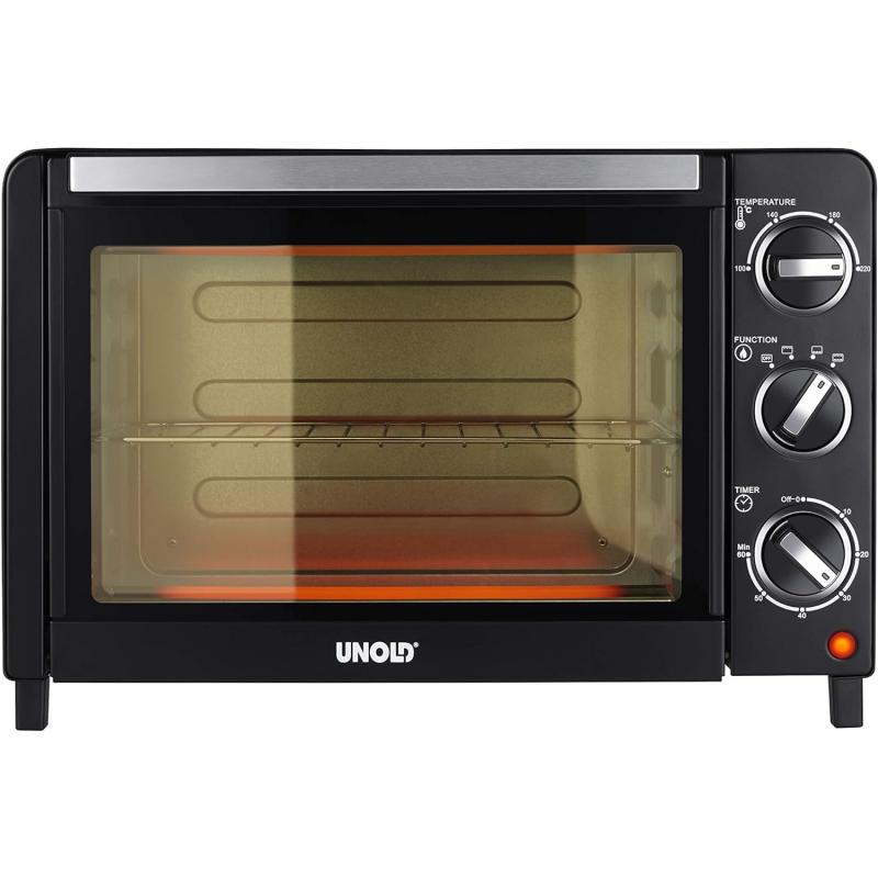 UNOLD 68875 OFEN Allround, 1.200 W, 18 L Volumen, 4 Edelstahl-Heizelemente, mit doppelverglaster Tür, 1200, Metall, 18 liters, Schwarz