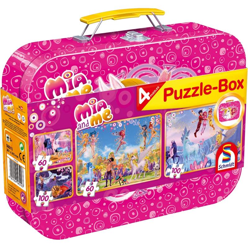 Schmidt Spiele 56510 Mia & Me, 4 Kinderpuzzle im Metallkoffer, 2x60 und 2x100 Teile