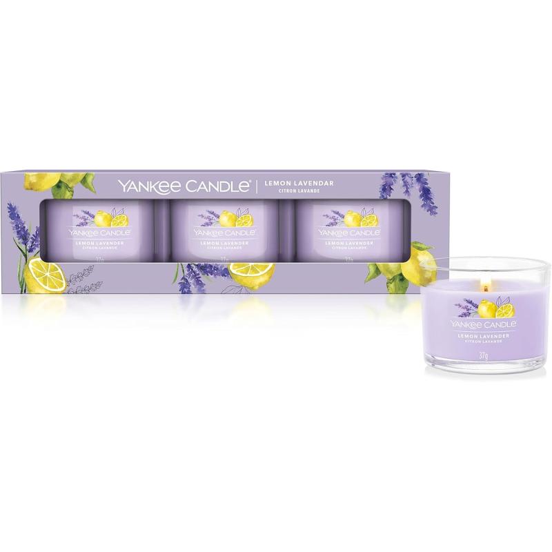 Yankee Candle Duftkerzen Geschenkset | Lemon Lavender Gefüllte Votivkerze | Sojamischung Wachsmischung | 3 Stück
