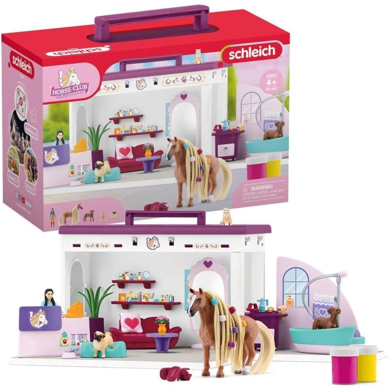 Schleich® 42614 Horse Club - Beautysalon - 66-Teiliges Spielset Inkl. Pferd mit Mähne, Tierpflegerin, Welpe und Tiersalon plus Zubehör