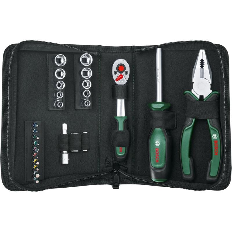 Bosch Mobility-Handwerkzeug-Set, 26-teilig (kompaktes und mobiles Werkzeug-Set für Heimwerkerarbeiten und unterwegs; 1/4"-Ratsche; Kombizange; Universalschraubendreher; in Stofftasche