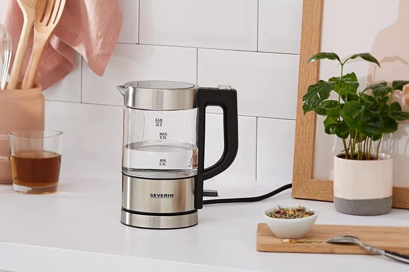 SEVERIN Mini Glas Wasserkocher 0,5L, Edelstahl-gebürstet, max. 1100 W, schwarz, WK 3499 REAL + OTTO