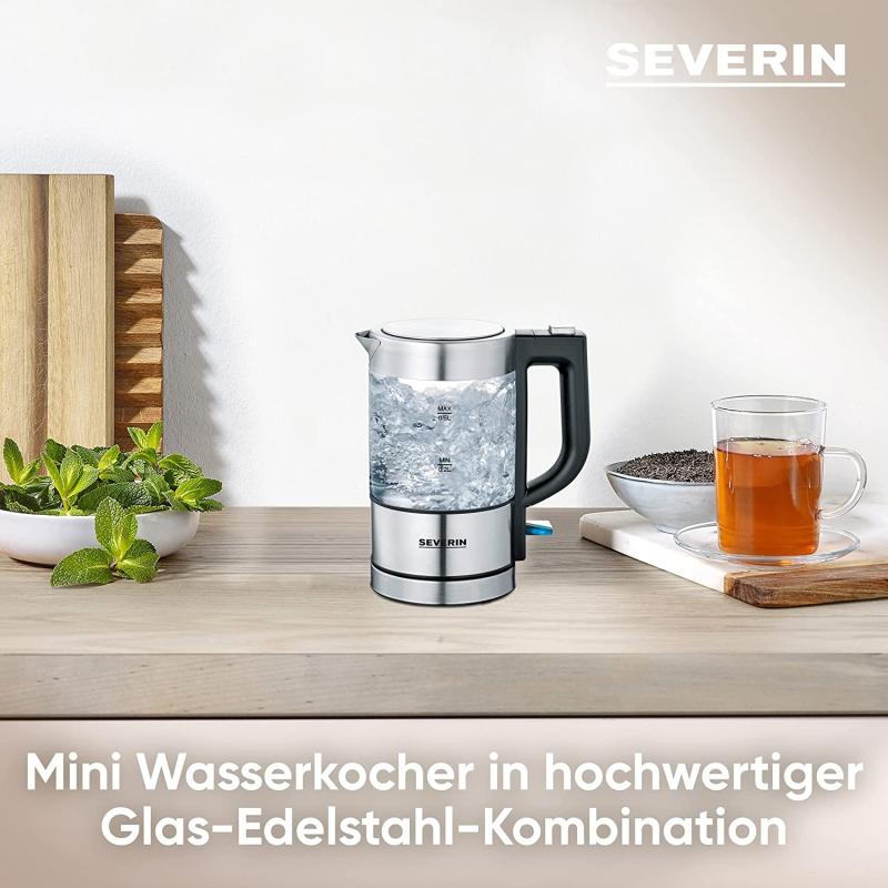 SEVERIN Mini Glas Wasserkocher 0,5L, Edelstahl-gebürstet, max. 1100 W, schwarz, WK 3499 REAL + OTTO