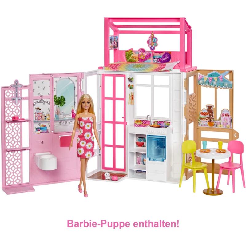 Mattel HHY40 Barbie-Puppenhaus mit 4 Spielbereichen, komplett eingerichtet mit Barbie-Accessoires & Möbeln, 360° drehbar, klappbar, ohne Barbie-Puppe