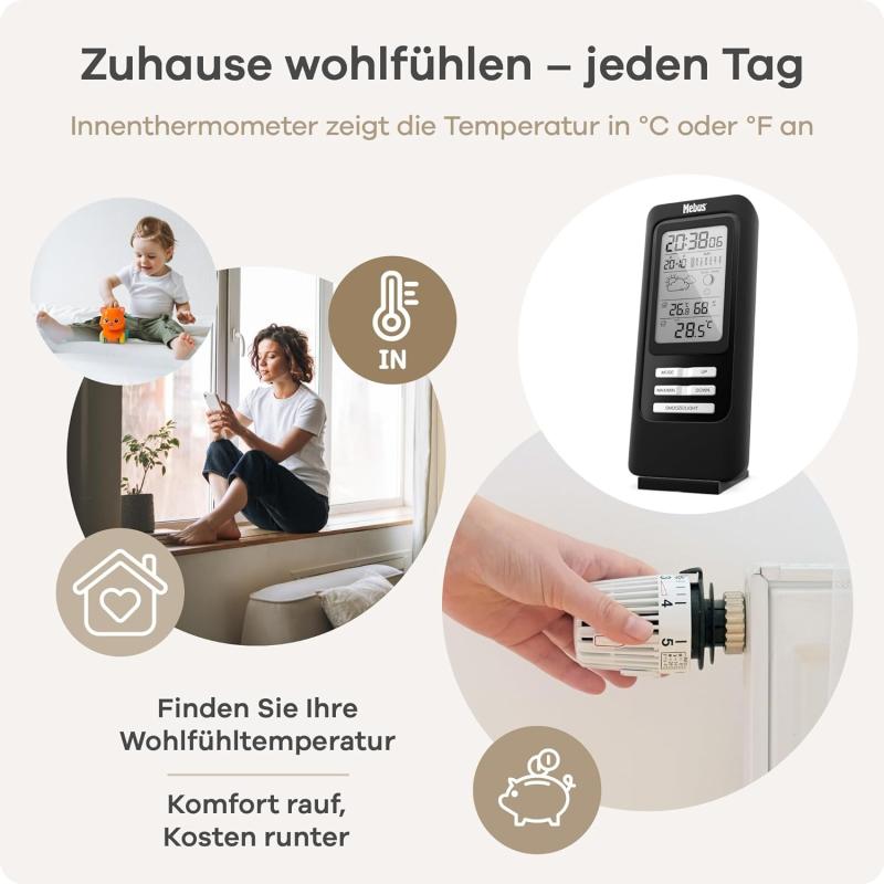 MEBUS funkgesteuerte Wetterstation mit Außensensor, Thermometer/Hygrometer, Funkuhr, Wohlfühlindikator Raumklima, Wettervorhersage mit Symbolen, Mondkalender, Wecker, Farbe: Schwarz