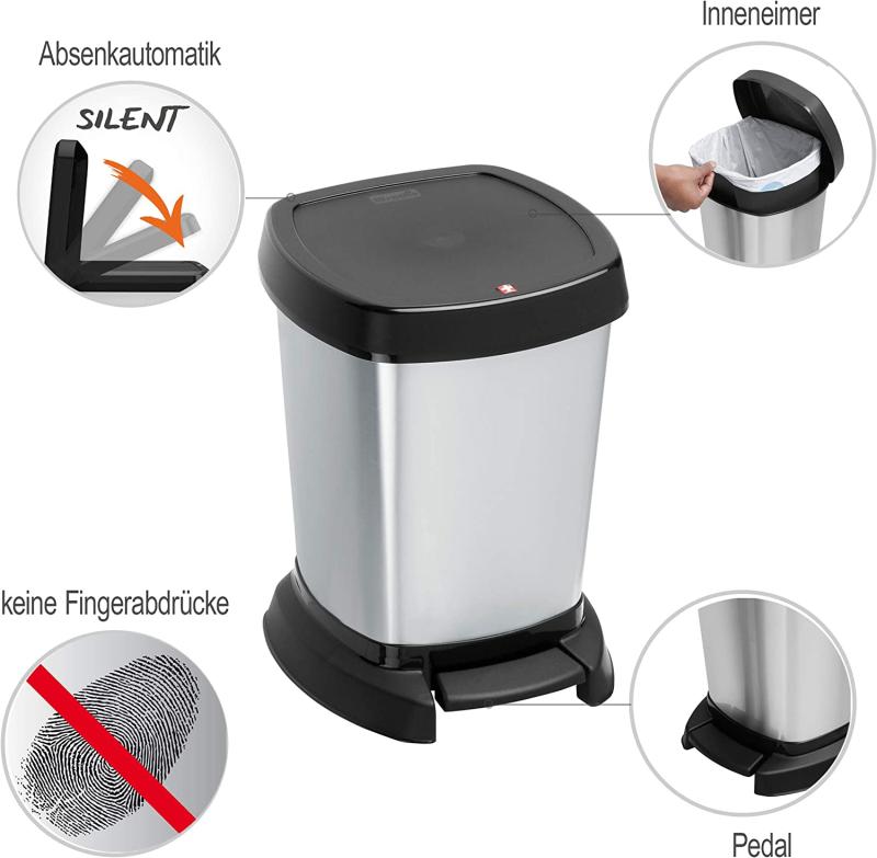 Rotho Paso Mülleimer 6l für das Bad mit Deckel, Kunststoff (PP) BPA-frei, silber metallic, 6l (23,4 x 21,9 x 29,2 cm)
