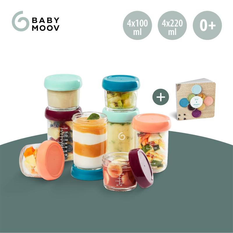 Babymoov Babybols aus Glas Behälter für Babynahrung - zum Aufbewahren und Einfrieren von Babybrei, 4x 220ml + 4x 100ml + Rezeptbuch