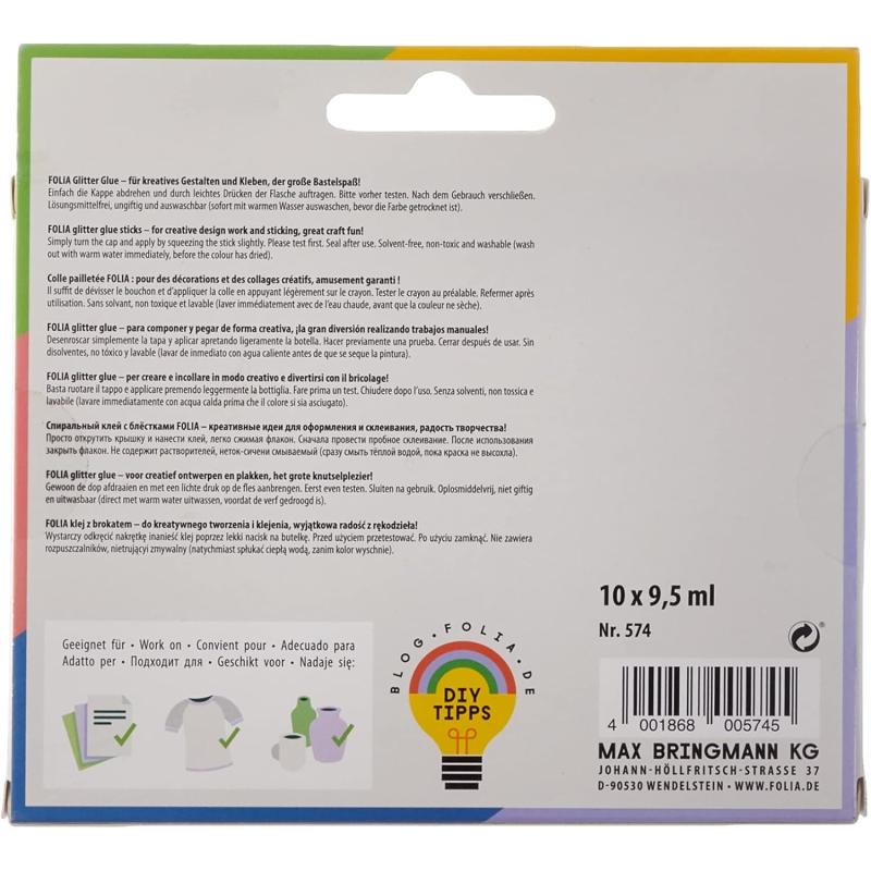 folia 574 - Glitter Glue, Klebestifte mit Glitzer, 10 Stifte sortiert in 10 Farben