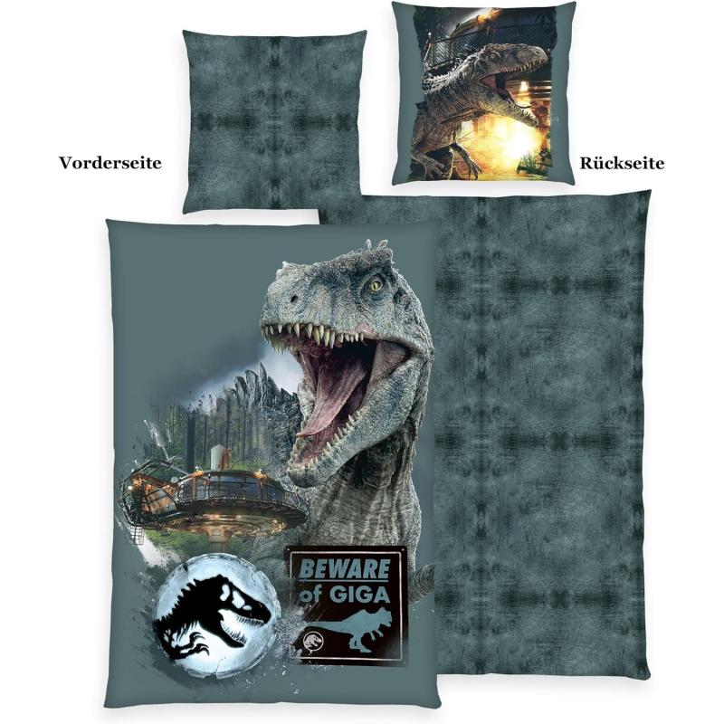 Herding Bettwäsche-Set, Jurassic World - T-REX Beware of GIGA, Kopfkissenbezug ca. 80 x 80 cm, Bettbezug ca. 135 x 200 cm