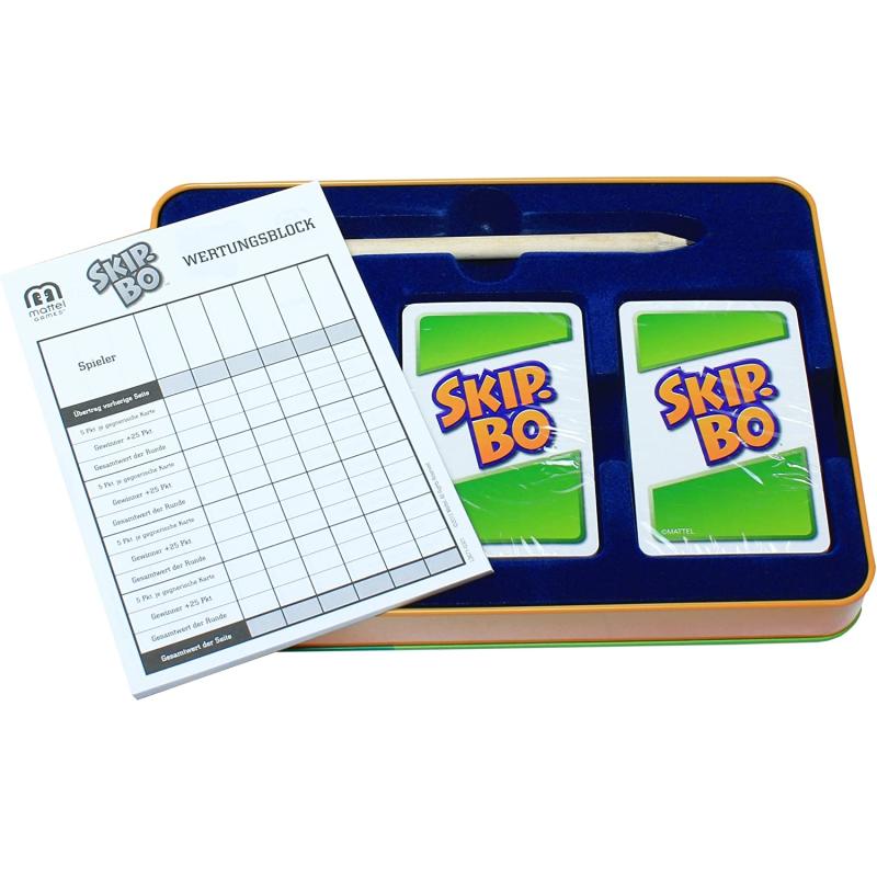 Mattel Games L3671 - Skip-Bo Deluxe in hochwertiger Sammelbox aus Metall, Kartenspiel, geeignet für 2 - 6 Spieler