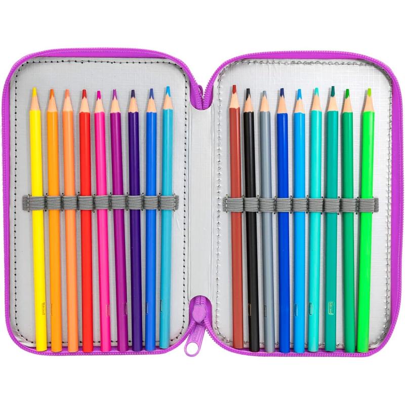 Idena 20126 - Federmappe Triple mit 3 Reißverschluss-Fächern, Design EINHORN, gefülltes Federmäppchen mit 47 Teilen, LILA