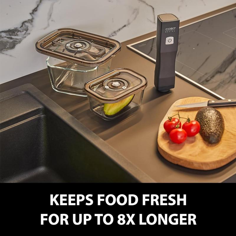CASO Vacu OneTouch Eco-Set, Handvakuumierer inkl. 3 Vakuumbehälter aus Glas, 10 ZIP-Beutel und Food Manager Sticker, kabellos, bis zu 150 Minuten Laufzeit, aufladbar