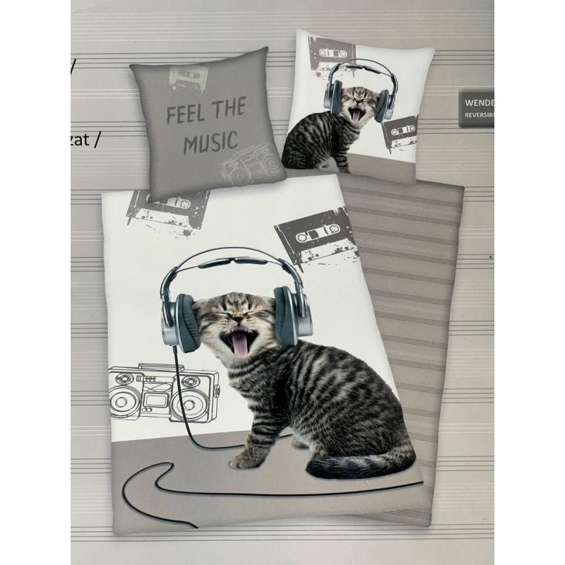 HERDING Renfoce-Bettwäsche 135 x 200 cm +  Kopfkissenbezug 80 x 80 cm Wende Motiv KATZE/KOPFHÖRER