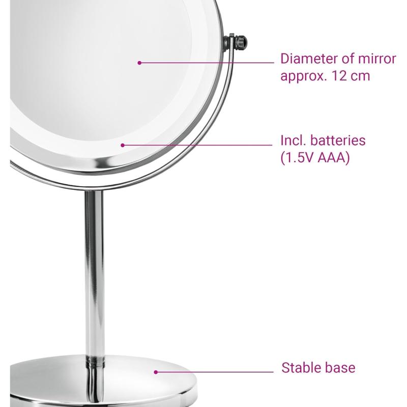 medisana CM 840 Kosmetikspiegel mit LED-Beleuchtung, 5-facher Vergrößerung, 360° schwenkbar, Silber, 31,5 x 20,5 cm