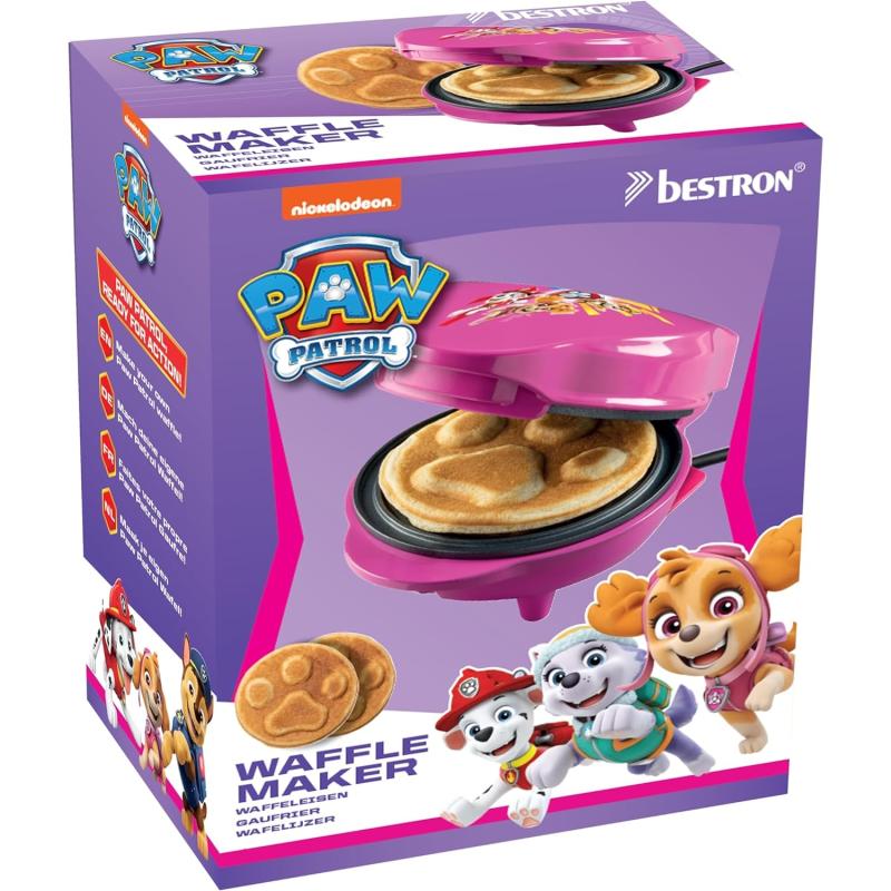 BESTRON Mini-Waffeleisen im einzigartigen Paw Patrol Design, inkl. Backampel, Waffelgröße: Ø 10cm, Farbe: ROSA