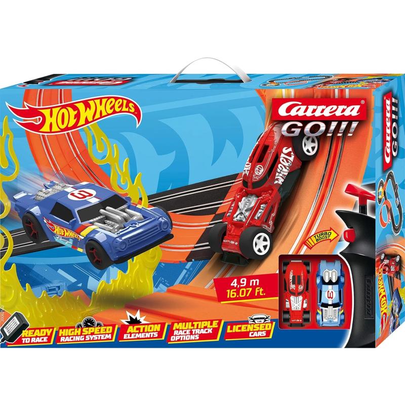 Carrera GO!!! Rennstrecken-Set I Hot Wheels I 4,9 m elektrische Rennbahn mit Streckenteilen und Handregler mit Turbo-Button im Maßstab 1:43